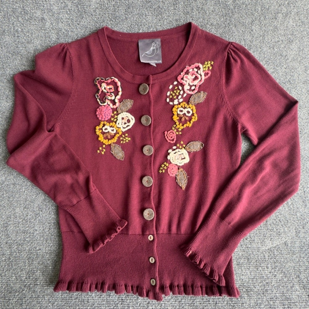 Knitted Dove Cardigan Burgundy Floral Embroidered Ruffle Whimsical Boho Large